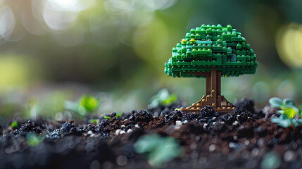 a close-up scene of a LEGO green leaves block planted in real soil,