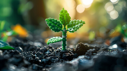 a close-up scene of a LEGO green leaves block planted in real soil, - obrazy, fototapety, plakaty