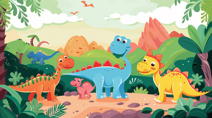 colorful cute dinosaurs in prehistoric scene 