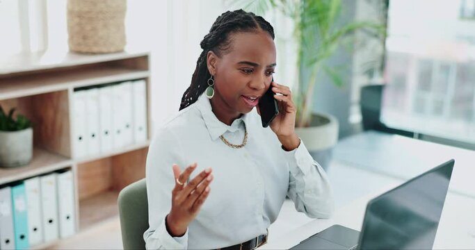 Business woman, phone call and laptop for online research in office and talking of information on website. Black person, government or professional with smartphone or discussion on public governance