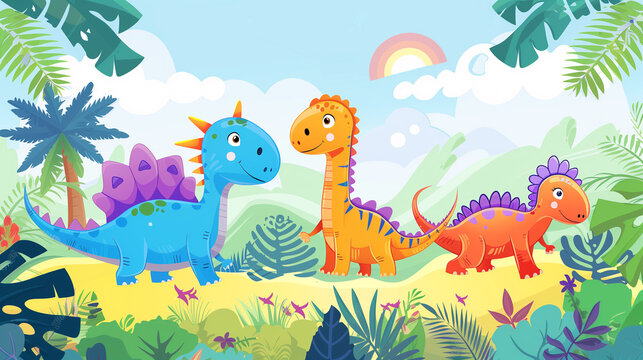 colorful cute dinosaurs in prehistoric scene 