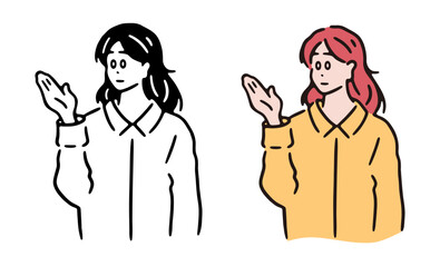 受付の女性の線画イラスト、モノクロとカラー