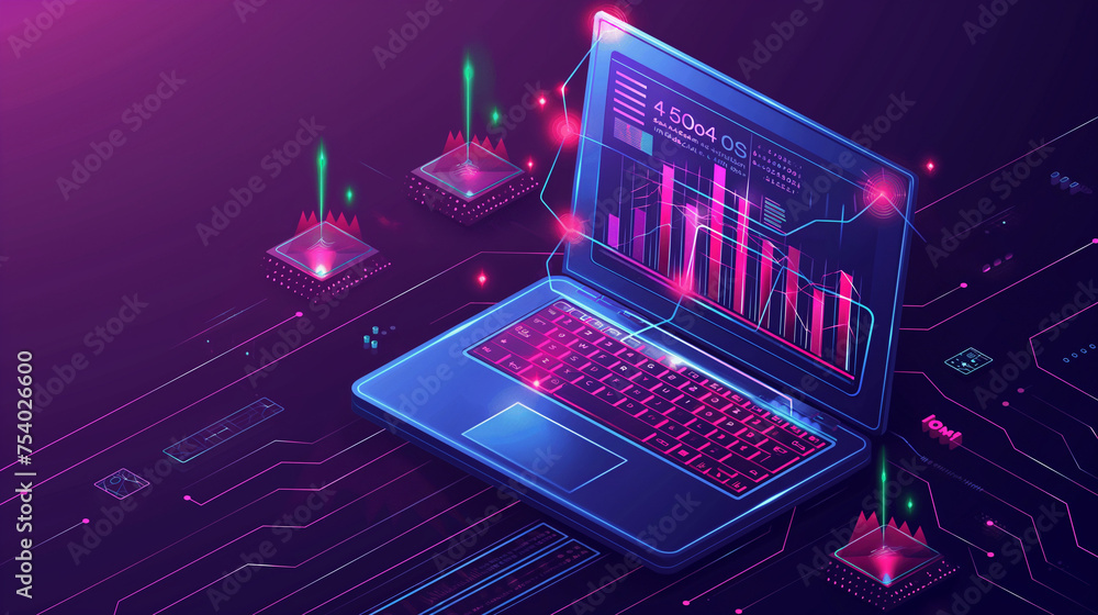 Poster application of laptop with business graph and analytics data on isometric laptop . analysis trends a