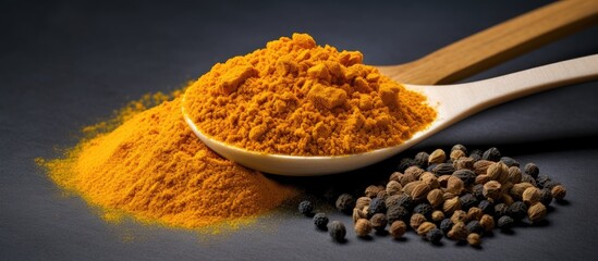 A spoon full of turmeric root curcumin powder next to a pile of various spices, including black peppercorn, arranged on a table.