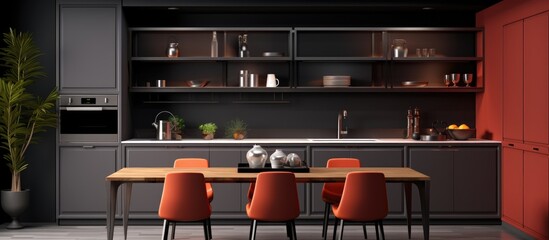 A modern kitchen with a wooden table and four vibrant orange chairs. The room is spacious and...