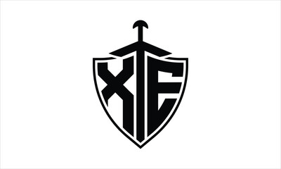XE initial letter shield icon gaming logo design vector template. batman logo, sports logo, monogram, polygon, war game, symbol, playing logo, abstract, fighting, typography, icon, minimal, knife logo