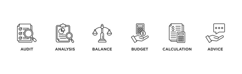 Accounting banner web icon illustration concept for business and finance with an icon of the audit, analysis, balance, budget, calculation, and advice	
