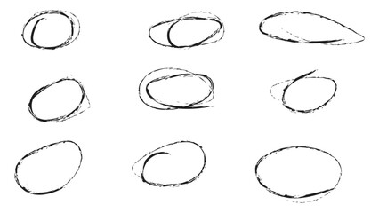 Handdrawn doodle grunge circle highlights. Charcoal pen round ovals. Marker scratch scribble inrounder. Round scrawl frames. Bubbles Set. freehand painted circular note. Vector illustration