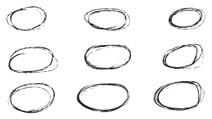 Handdrawn doodle grunge circle highlights. Charcoal pen round ovals. Marker scratch scribble inrounder. Round scrawl frames. Bubbles Set. freehand painted circular note. Vector illustration