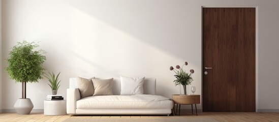 A minimalist living room furnished with a white couch and accented with several potted plants. The room features a door in the background, enhancing the clean and airy ambiance.