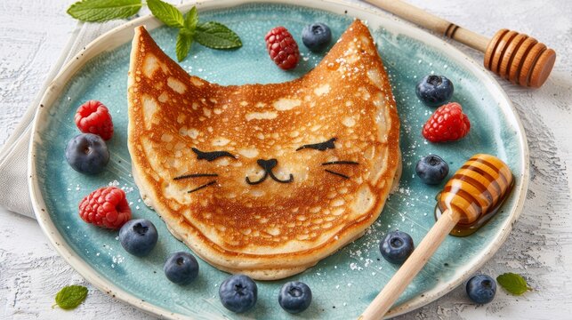 Adorable cat shaped pancake breakfast for kids with berries and honey on white plate, copy space