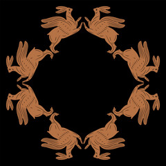 Geometrical animal frame with running winged hares or rabbits. Easter design. Ancient Greek or Roman ethnic motif. Vase painting style.