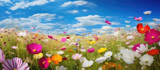 A vibrant field filled with an array of colorful flowers stretches out under a clear blue sky. The flowers create a beautiful mosaic of colors, contrasting with the bright blue backdrop of the sky.