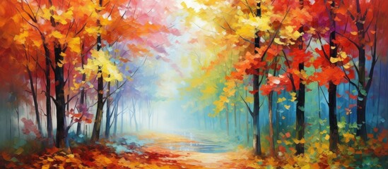 A vibrant painting showcasing a colorful forest filled with trees. Brightly colored leaves in various shades of red, orange, and yellow create a stunning display of autumn hues.