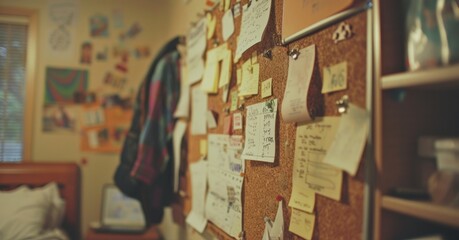 A closeup of a cork board in a shared bedroom covered in notes todo lists and reminders for the roommates. A small whiteboard is attached to the side with a grocery list and