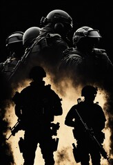 security team silhouette, tactical poses, black background - obrazy, fototapety, plakaty