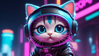 a cute and futuristic kitten in a cyberpunk setting. It&rsquo;s wearing a high-tech helmet with a neon blue outline and built-in headphones, enhancing its sci-fi appearance.