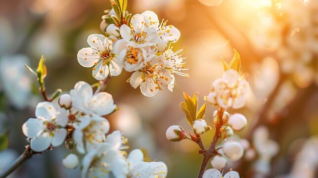 Close up of beautiful white flowers of fruit tree against blurred background on sunny spring day, selective focus. Spring background with fruits tree blooming.,generative ai, 