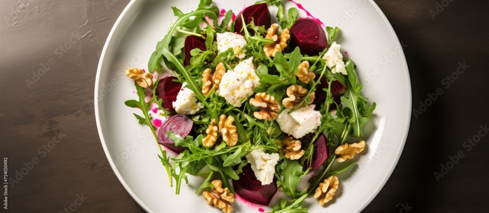 Poster a white plate is filled with a salad covered in a variety of nuts, creating a visually appealing and