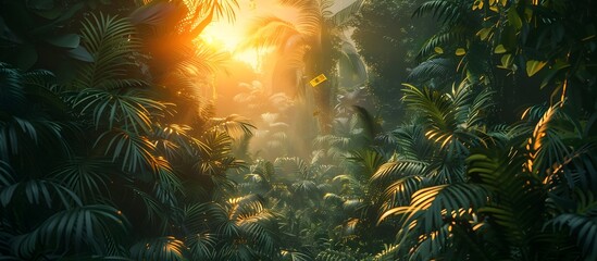 Fototapeta na wymiar A Magical Jungle Scene with Yellow Signs and Exotic Animals, To convey a sense of wonder and appreciation for the beauty of nature, with a touch of