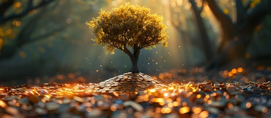 Lone Tree Thrives on Coin Foundation in Vibrant Autumn Forest - obrazy, fototapety, plakaty
