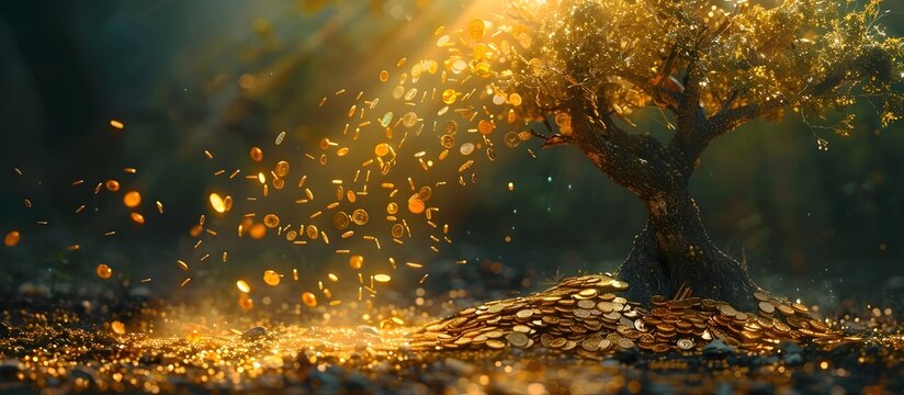 Golden Tree Abundant with Falling Coins and Sunlight, To convey a concept of a thriving economy and financial success through a visually appealing