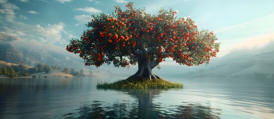 Prospering Tree Laden with Red Fruit on Island in a Tranquil Lake - Entrepreneurial Success Concept - obrazy, fototapety, plakaty