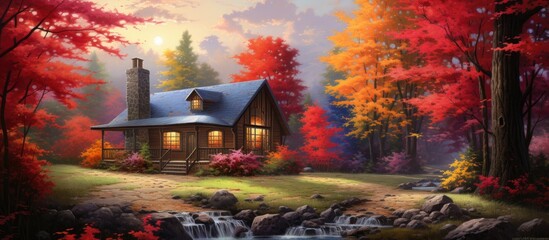 A cabin nestled in the woods, surrounded by vibrant autumn colors. The scene captures the essence of a cozy retreat in the heart of nature.