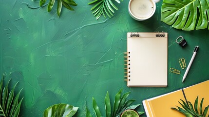 Creative flat lay of workspace desk, notepad for wishlist and lifestyle objects on green background,generative ai,  - obrazy, fototapety, plakaty