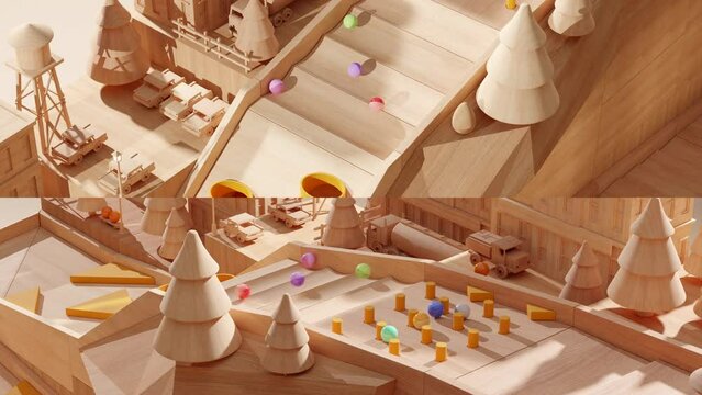 Wooden marble race course with miniature town decoration. 3d animation of the rolling ball machine