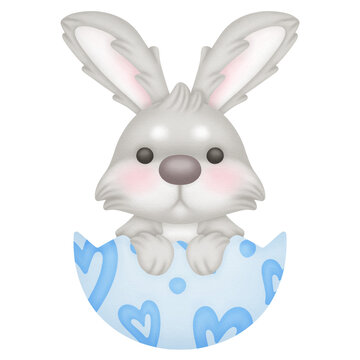 watercolor illustration easter bunny in eggshell with blue hearts