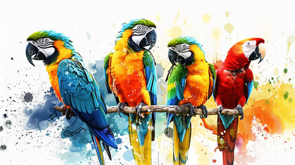 Funny colorful parrots with watercolor splash textured 