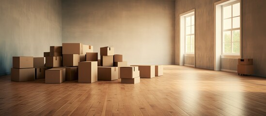 A room with various sizes of moving boxes scattered on the floor, seemingly in the process of being organized or unpacked. The space appears empty except for the boxes.