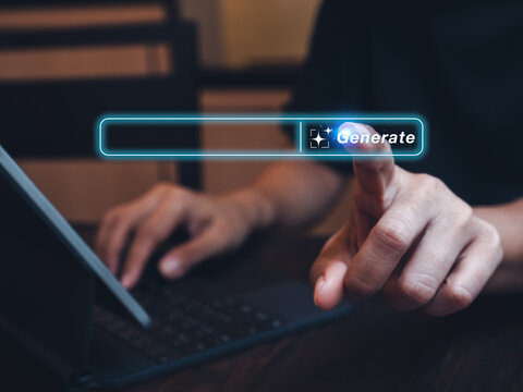Generative AI concept. Artificial intelligence technology for digital content and automated data transformation. "Generate" icon, button and empty space bar for create prompt, press by human hand.