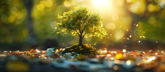 Money Tree Flourishing in Ethereal Forest, To convey the concept of wealth conservation through the image of a tree flourishing on a pedestal of