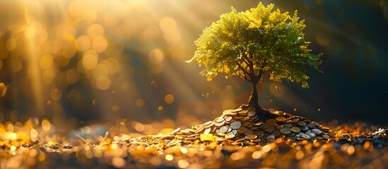 Tree Thriving on a Foundation of Gold Coins, To convey the concept of thriftiness leading to financial success and abundance - obrazy, fototapety, plakaty