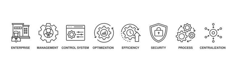 Industrial control system banner web icon illustration concept with icon of enterprise, management, control system, optimization, efficiency, security, process, centralization	