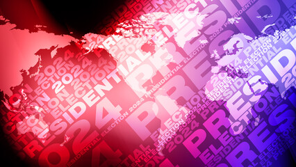 Election results displayed on world map with creative typography and backdrop pattern inspiring intro to 2024 presidential election campaign