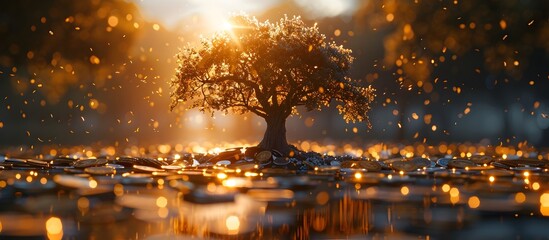 Golden Tree Surrounded by Coins in Fantasy Landscape, To convey a sense of luxury and abundance through a visually captivating image of a tree