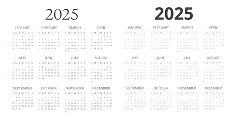 2025 Calendar Template with Serif and Sans Serif text styles. Simple layout vector design. Calendar for the year 2025 tables for 12 months. Modern and elegant design