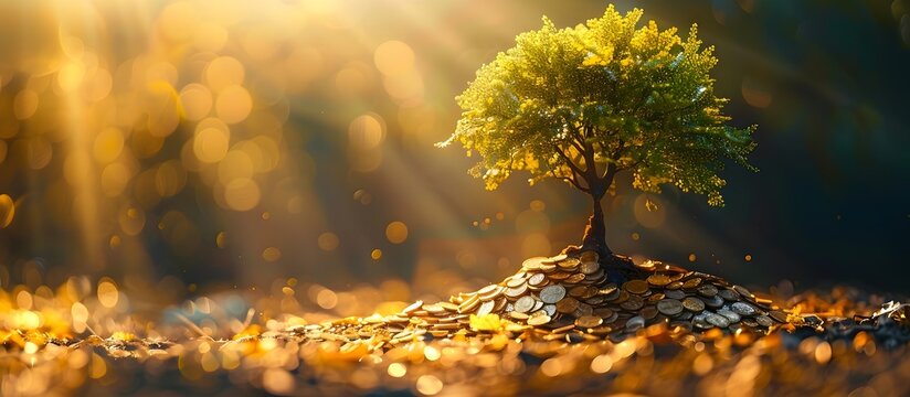 Tree Thriving on a Foundation of Gold Coins, To convey the concept of thriftiness leading to financial success and abundance