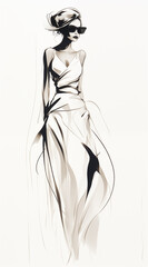 Fashion model simple line sketch - black ink minimalist drawing - chic runway pose visual.