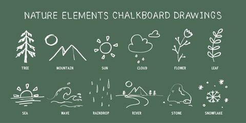 Set of simple nature elements doodle drawings on green chalkboard hand-drawn style vector design. Tree, mountain, Sun, clouds, flower, leaf, sea, wave, raindrops, river, stone, snowflakes