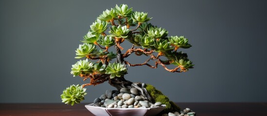 A bonsai tree is meticulously placed in a white bowl, creating a minimalist and elegant display on a wooden table. The small tree exudes a sense of artistry and precision in its design.