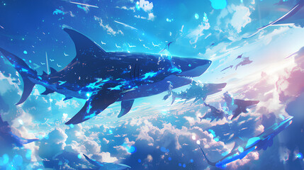 Big mythical shark beast in anime style