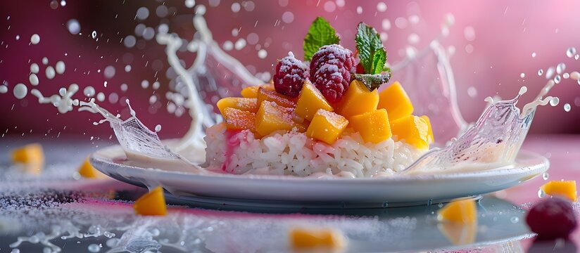 Vibrant Fruit Salad on Rice Cake with Splashes of Milk Sauce, To showcase a visually appealing and artistic presentation of a fruit salad and sticky