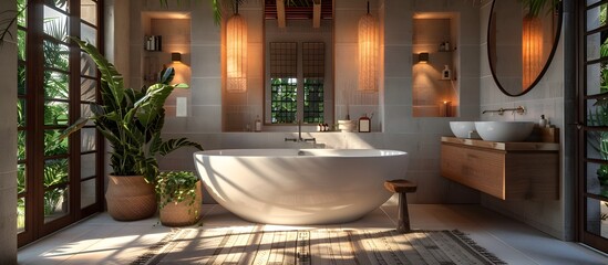 Elegant Freestanding Bathtub in Serene Bathroom with Large Windows and Lush Greenery