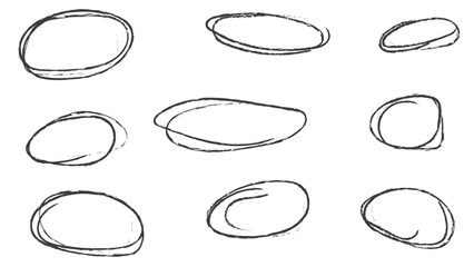 Handdrawn doodle grunge circle highlights. Charcoal pen round ovals. Marker scratch scribble inrounder. Round scrawl frames. freehand painted circular note. Rounds Bubbles. Vector illustration