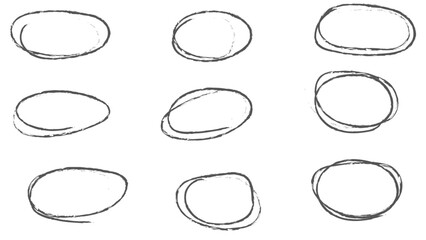Handdrawn doodle grunge circle highlights. Charcoal pen round ovals. Marker scratch scribble inrounder. Round scrawl frames. freehand painted circular note. Rounds Bubbles. Vector illustration
