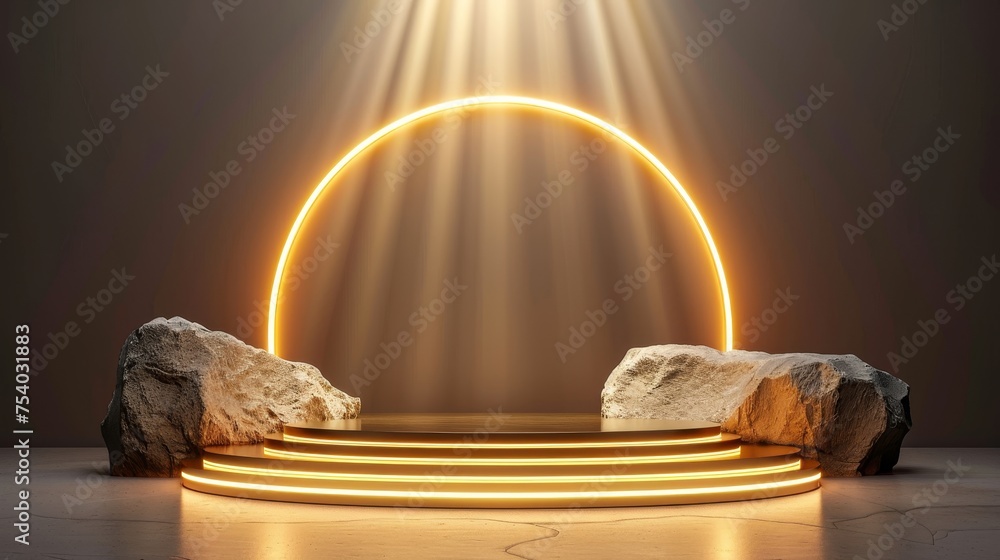 Poster gold stone podium on dark background for product display in 3d studio scene with abstract design.